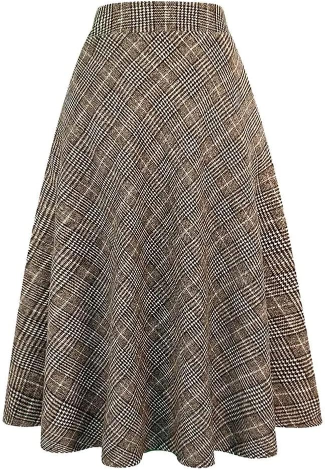Long Plaid Wool Skirt for Womens Winter Fall Warm High Elastic Waist A line Flared Pleated Wool Tartan Skirts
