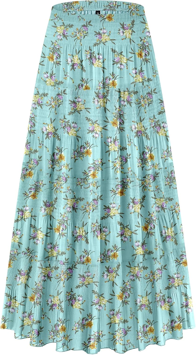 CYiNu Women's Chiffon Elastic High Waist Tiered Pleated Floral Printed A-Line Boho Long Maxi Skirts