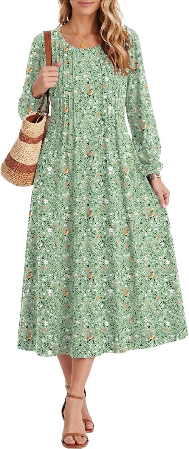 Zeagoo Fall Dresses for Women Long Sleeve Midi Dress Casual A Line Dresses 2026 Pleated Flare Dress with Pockets