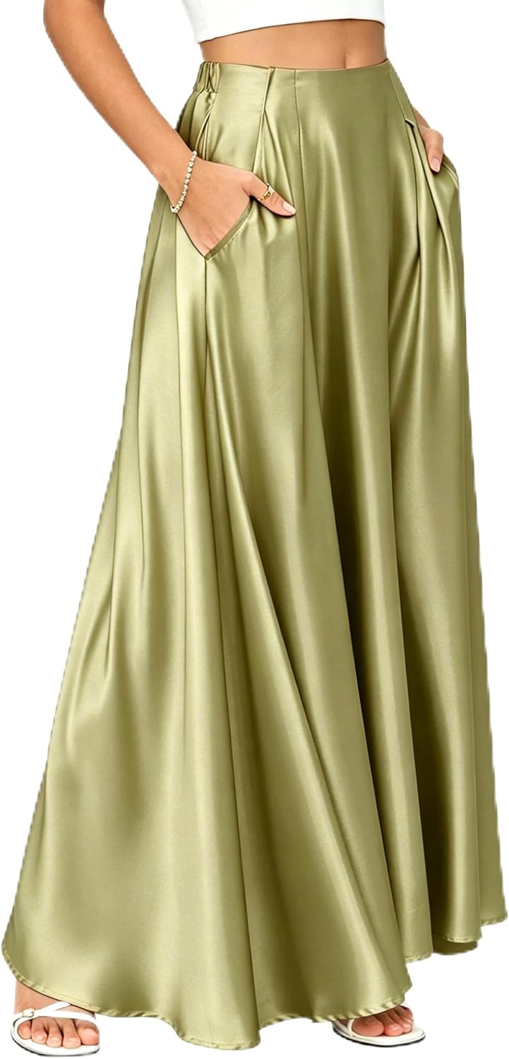 Maxi Satin Skirts for Womens High Waisted Flowy Long A line Skirt Trendy for Office Holiday Party