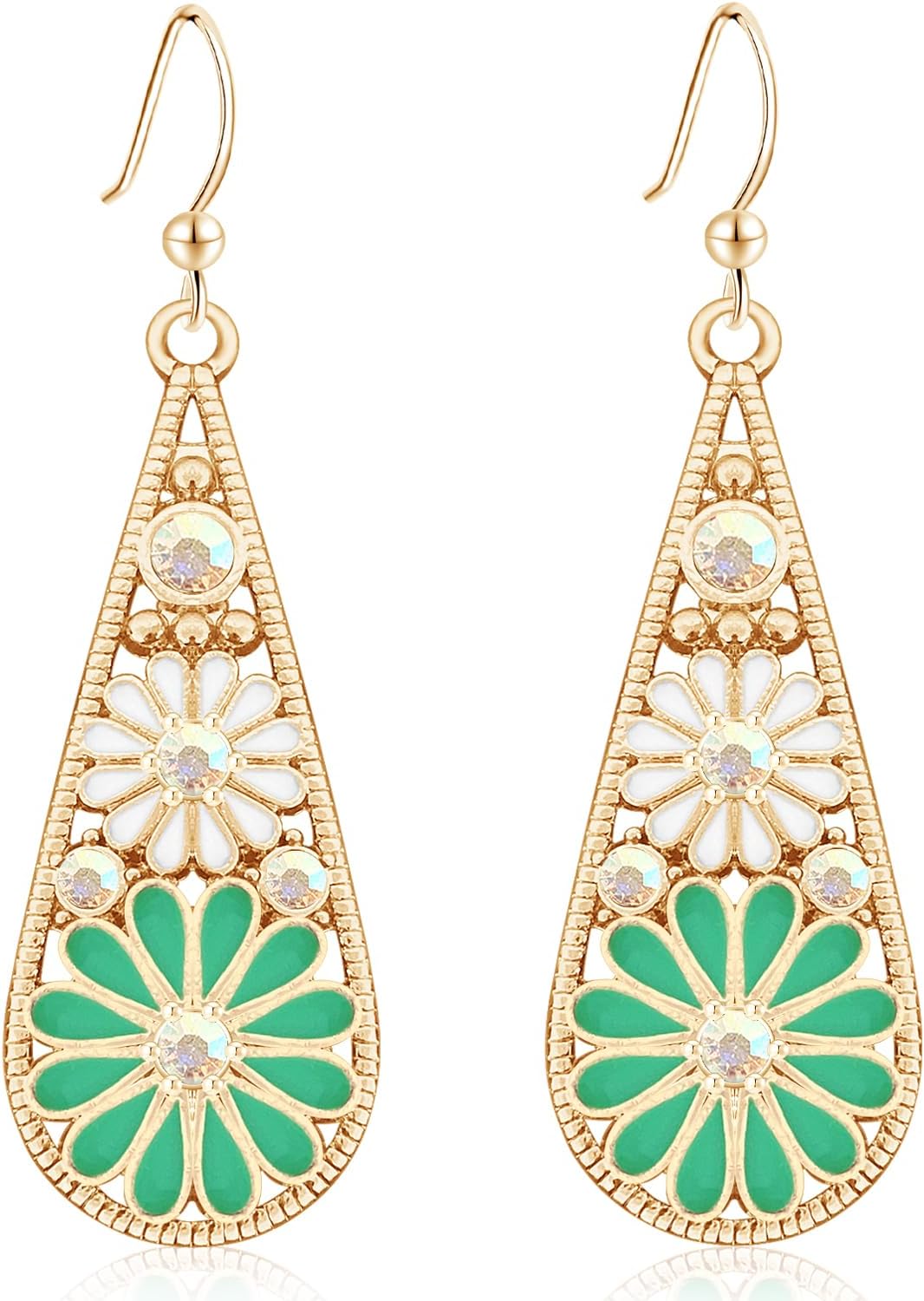 Copper Crystal Teardrop Enamel Flower Earrings