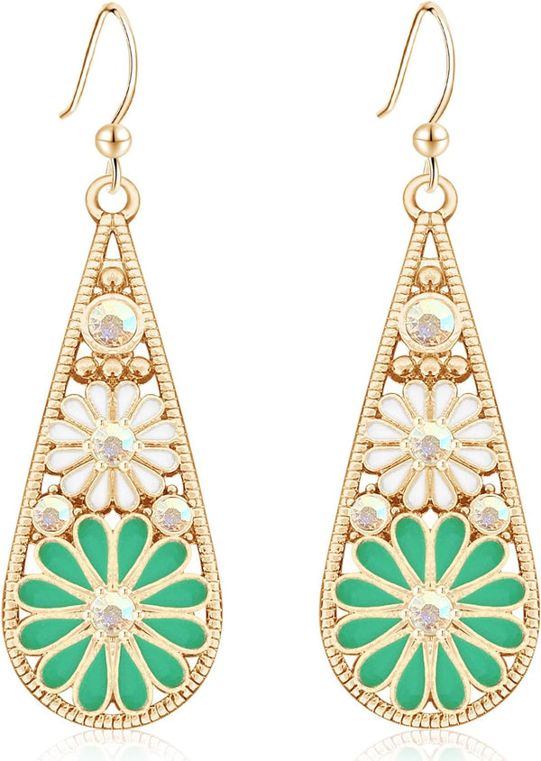 Copper Crystal Teardrop Enamel Flower Earrings