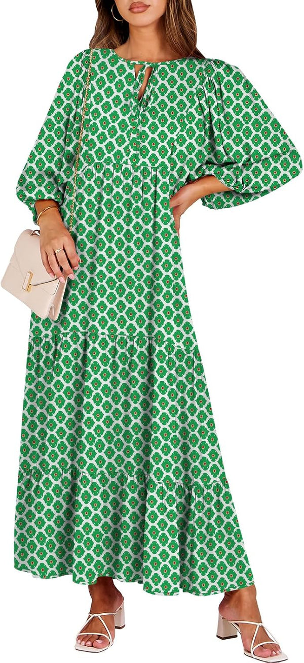 ANRABESS Womens Boho Floral 3/4 Puff Sleeve Maxi Dress