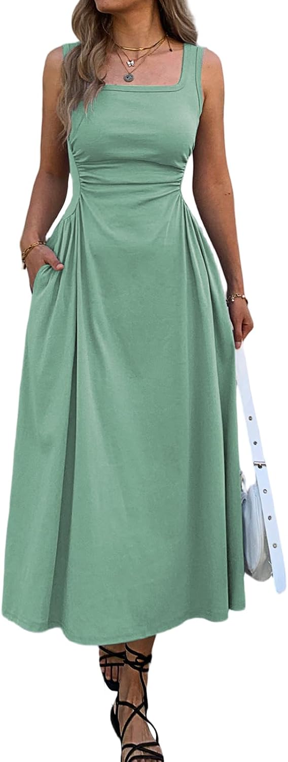 Mieazom Women's Square Neck Sleeveless Slim-Fit Maxi Dress Ruched Waist Corset Flowy Casual Summer Dresses with Pockets
