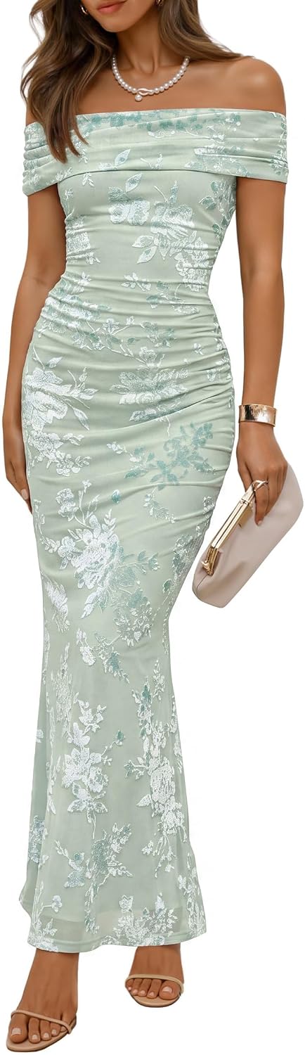 ZESICA Women's Summer Off Shoulder Floral Bodycon Ruched Maxi Formal Dress