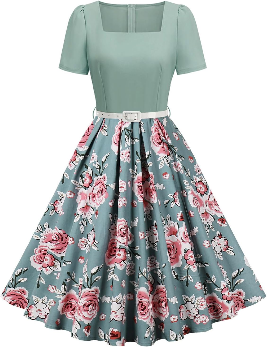 1950s Dresses for Women Vintage Rockabilly Retro 50s Floral Polka Dot Dress Audrey Hepburn Tea Party Cocktail Dress Belted