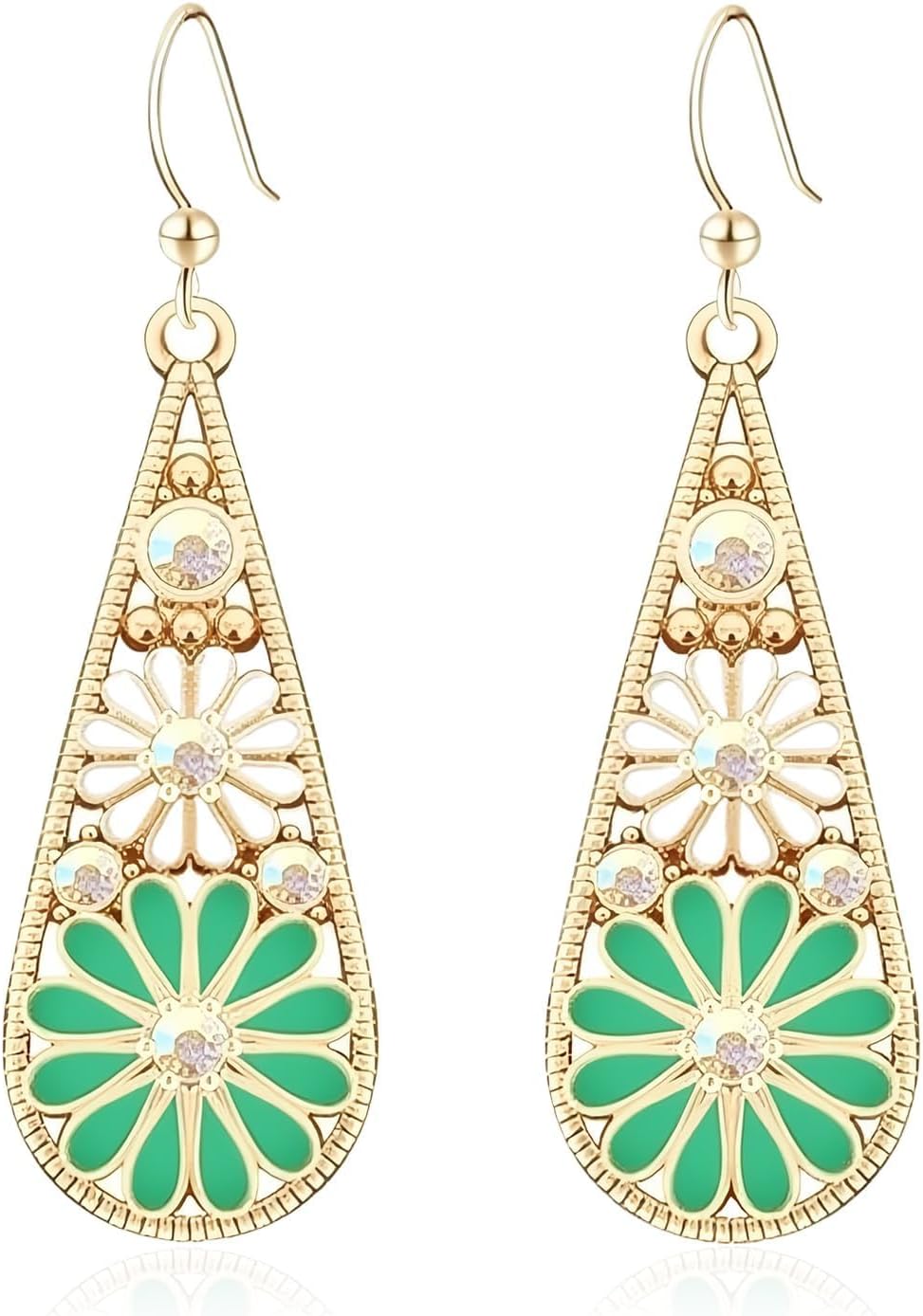 Bohemian Crystal Teardrop Pendant Earring,Vintage Olive Green Hollow Out Flower Floral Dangle Earrings,National Style Geometry Enamel Flower Hook