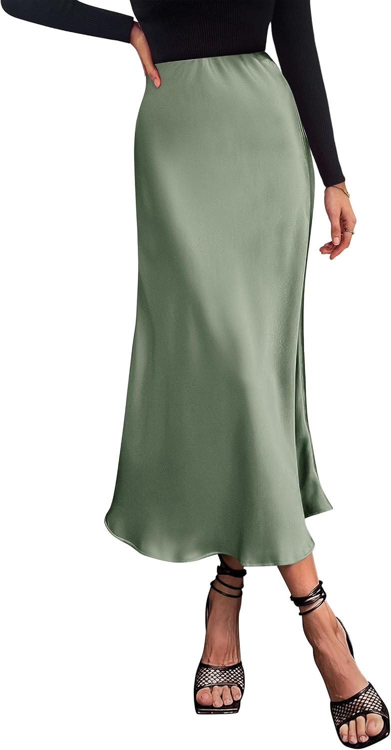PRETTYGARDEN Women's Satin Midi Skirts Dressy Casual