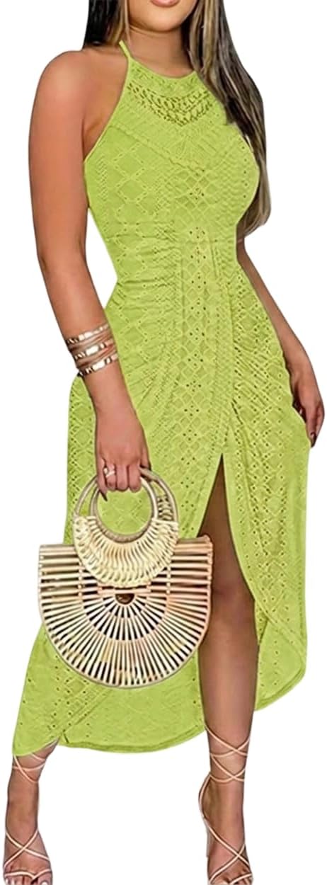 CHICME Womens Summer Halter Dress Hollow Out A Line Vacation Dress