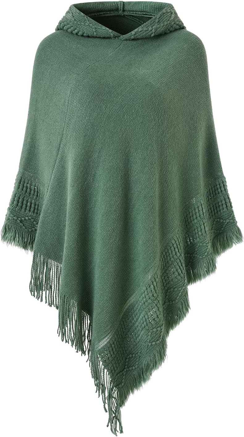 Ferand Women's Witchy Hooded Knit Poncho with Fringe