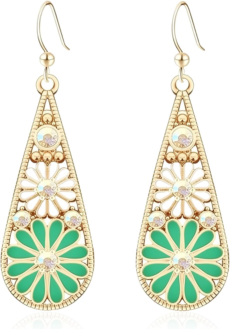 Olive Green Crystal Teardrop Floral Boho Earrings