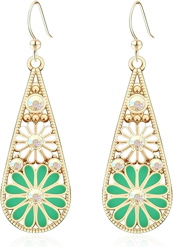 Olive Green Crystal Teardrop Floral Boho Earrings