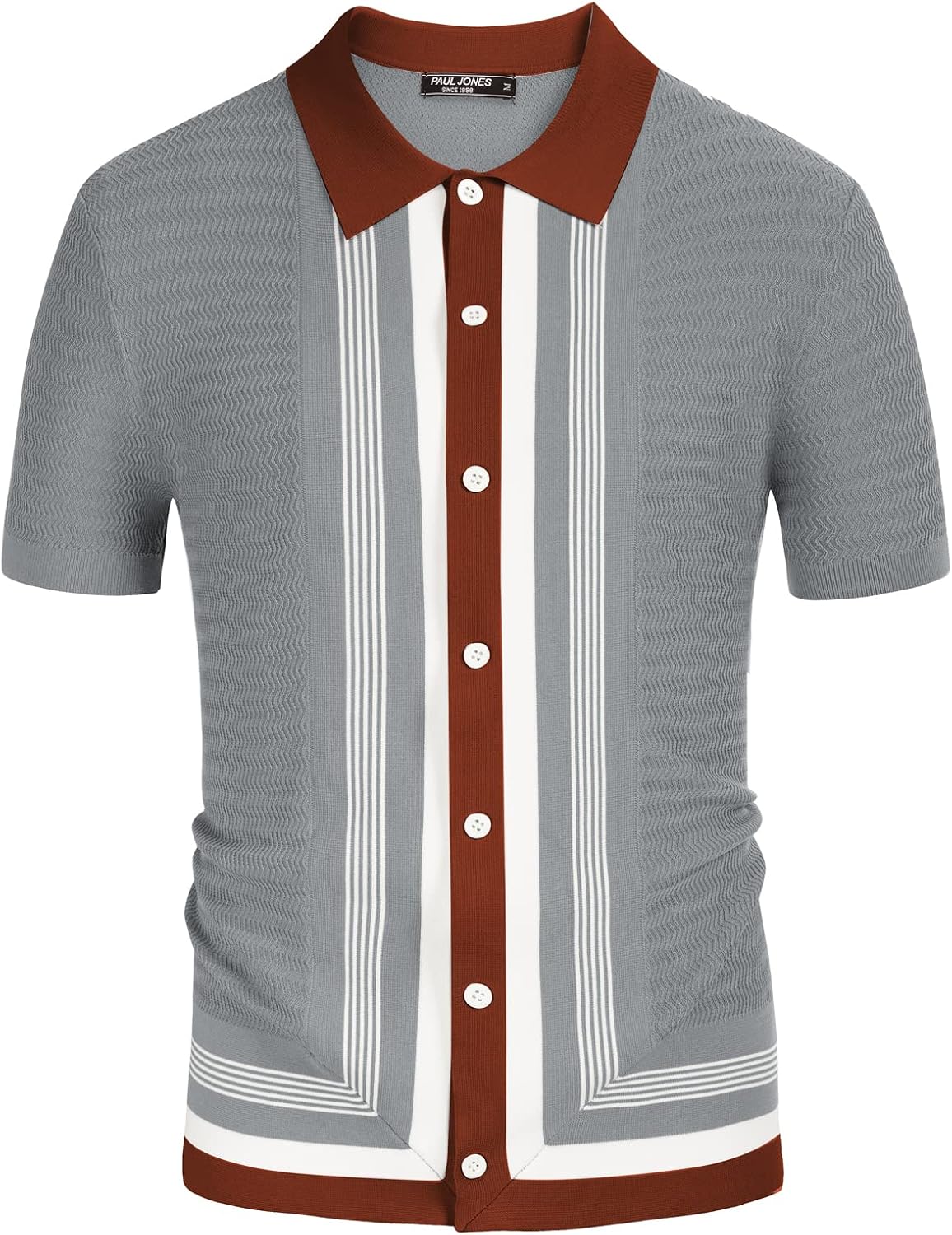 PJ PAUL JONES Men's Vintage Stripe Knit Polo Shirts Short Sleeve Stylish Button Down Cardigan Sweater