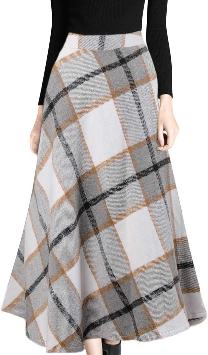 Tanming Womens Plaid Skirt Wool A‑Line Pleated Long Skirt
