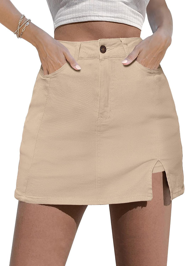 luvamia Jean Skort Women High Waisted Stretchy Denim Mini Skirt Side Slit