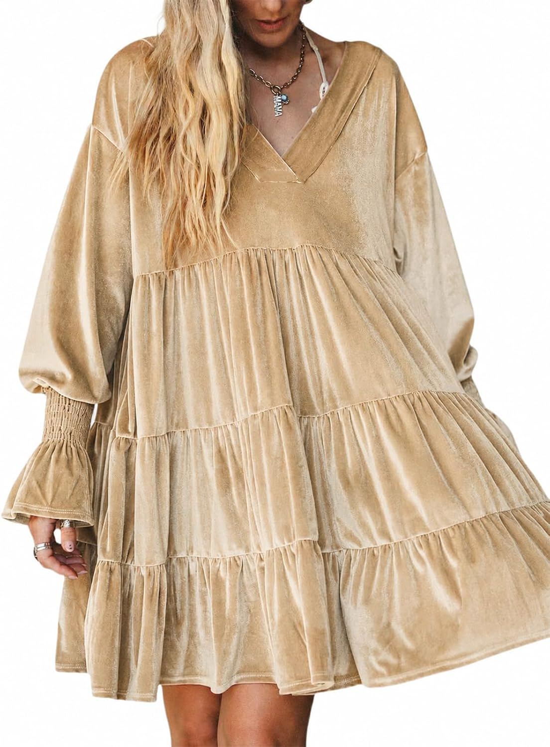 Fisoew Womens Velvet Tunic Dress Long Puff Sleeve Tiered Ruffle Dresses