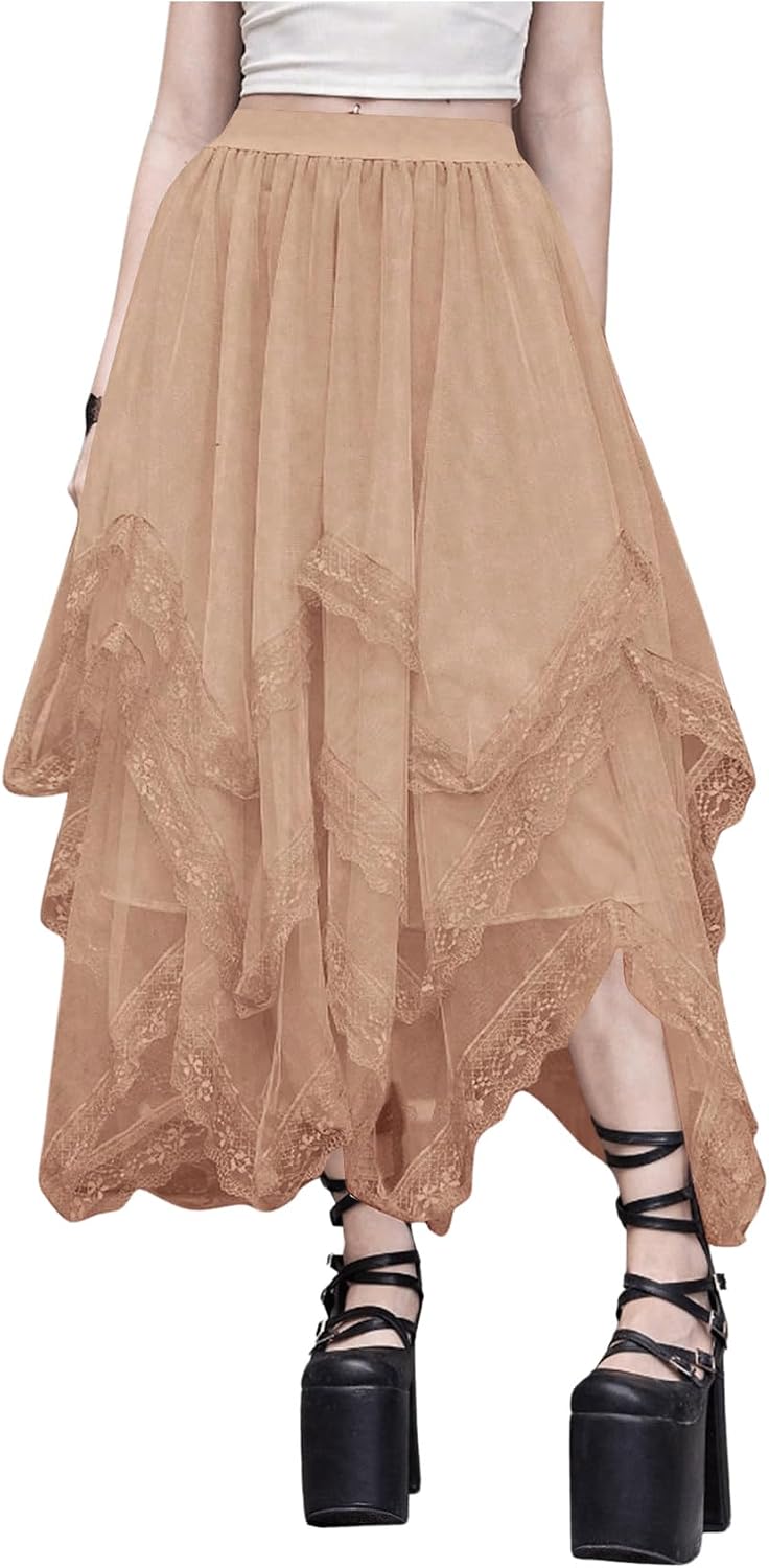 SHENHE Women's Lace Trim Layered Mesh Tulle Skirt Asymmetrical Goth Skirt