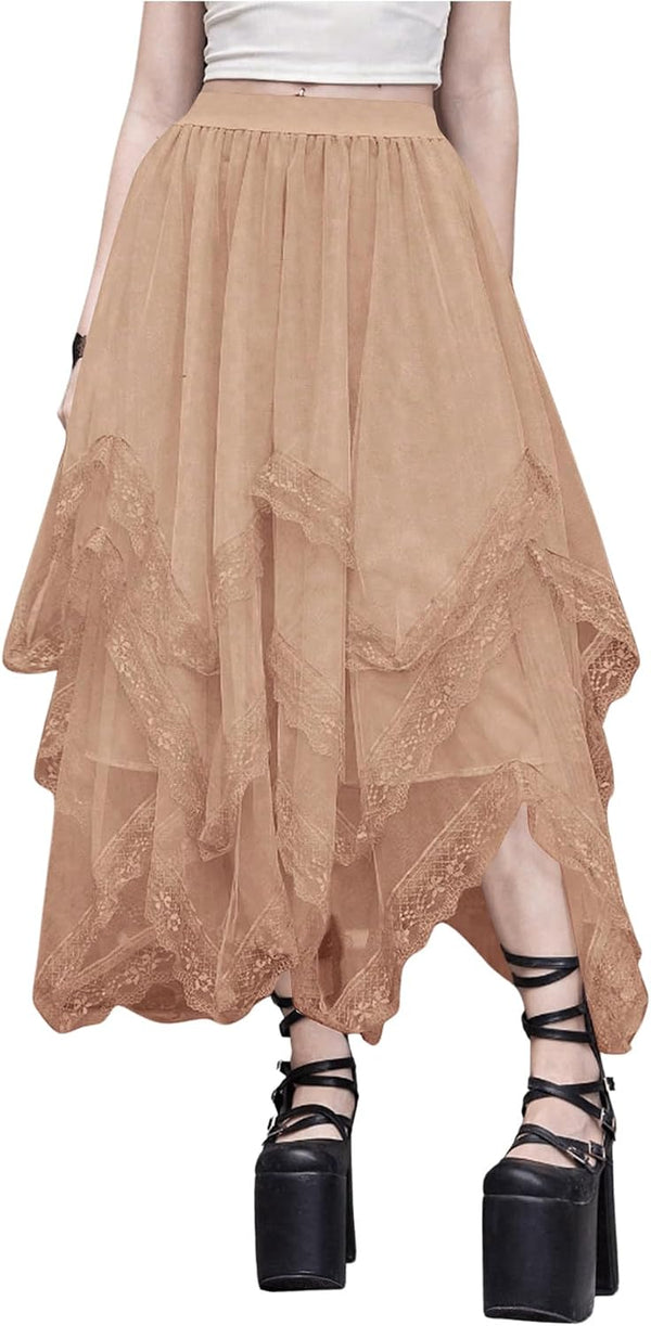 SHENHE Women's Lace Trim Layered Mesh Tulle Skirt Asymmetrical Goth Skirt