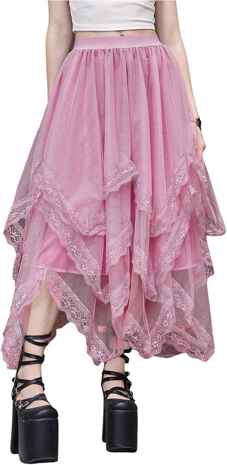 SHENHE Women's Lace Trim Layered Mesh Tulle Skirt Asymmetrical Goth Skirt