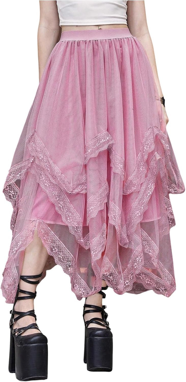 SHENHE Women's Lace Trim Layered Mesh Tulle Skirt Asymmetrical Goth Skirt