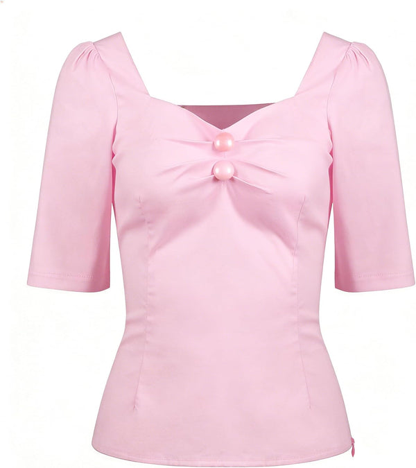 YARN & INK Women's 1950s Pinup Tops, Rockabilly Vintage Blouse Medium Sleeves Sweetheart V-Neck Shirt