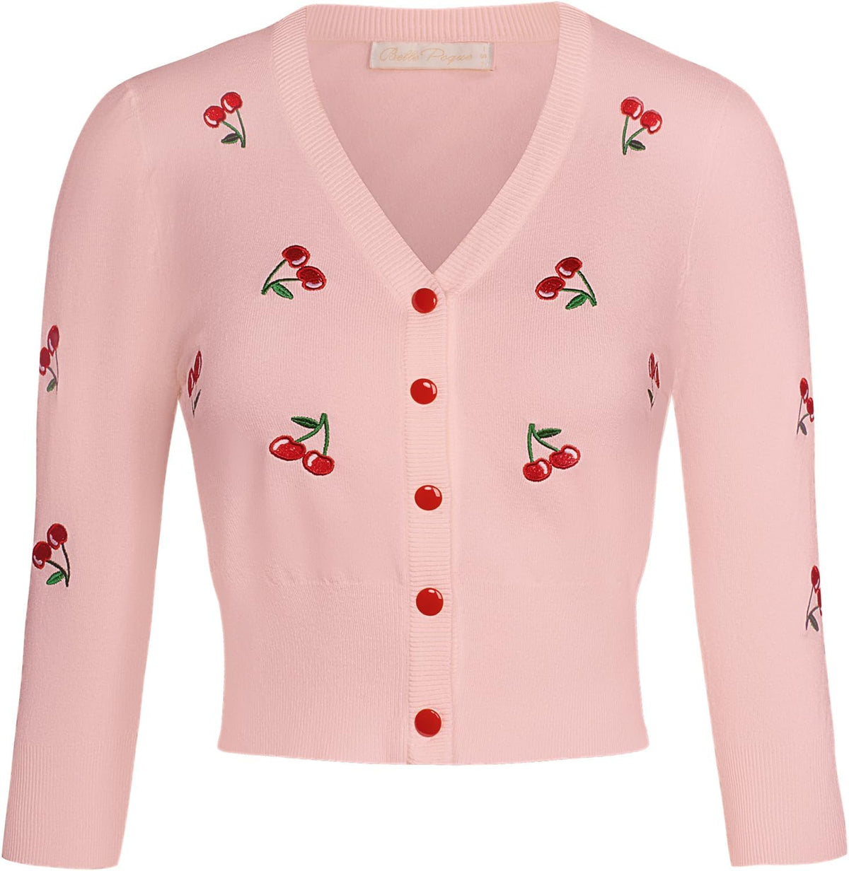 Belle Poque Women's 3/4 Sleeve V-Neck Button Down Cherries Embroidery Cropped Cardigan Sweater Coat
