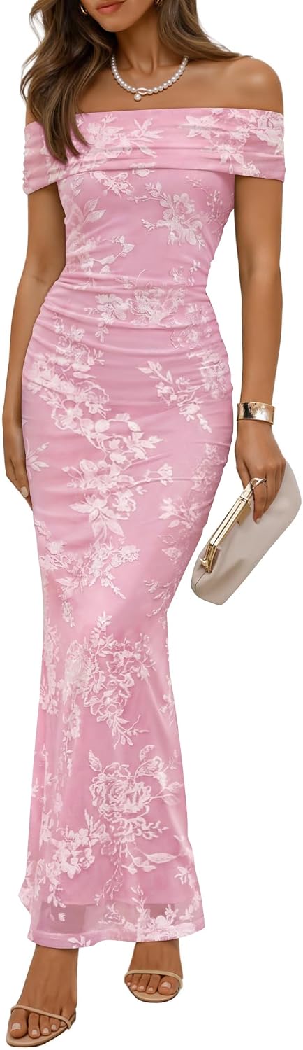 ZESICA Women's Summer Off Shoulder Floral Bodycon Ruched Maxi Formal Dress