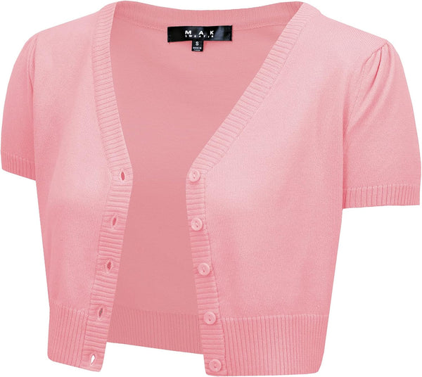 YEMAK Women's Cropped Bolero Cardigan – Short Sleeve V-Neck Basic Classic Casual Button Down Knit Soft Sweater Knitted Top