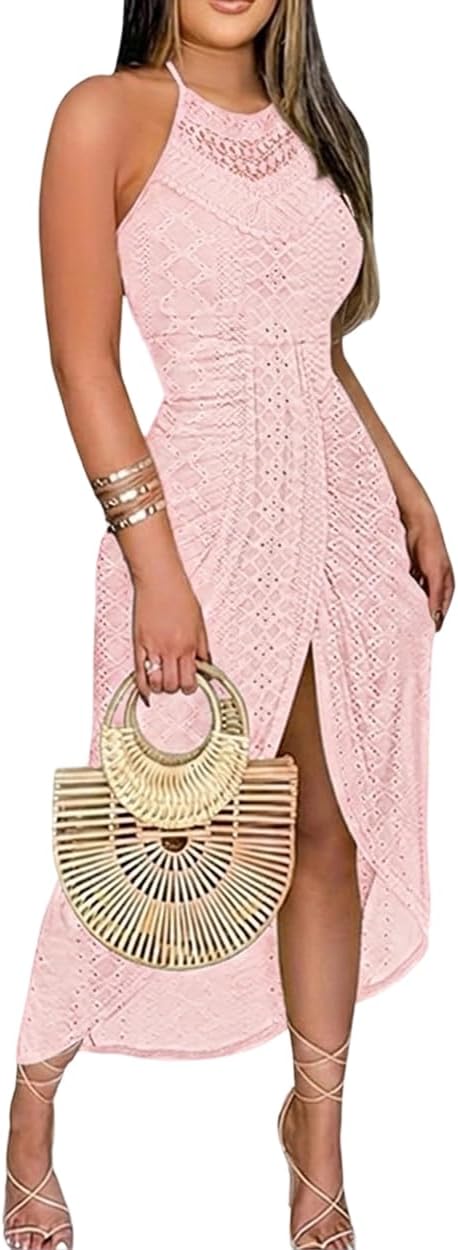 CHICME Womens Summer Halter Dress Hollow Out A Line Vacation Dress