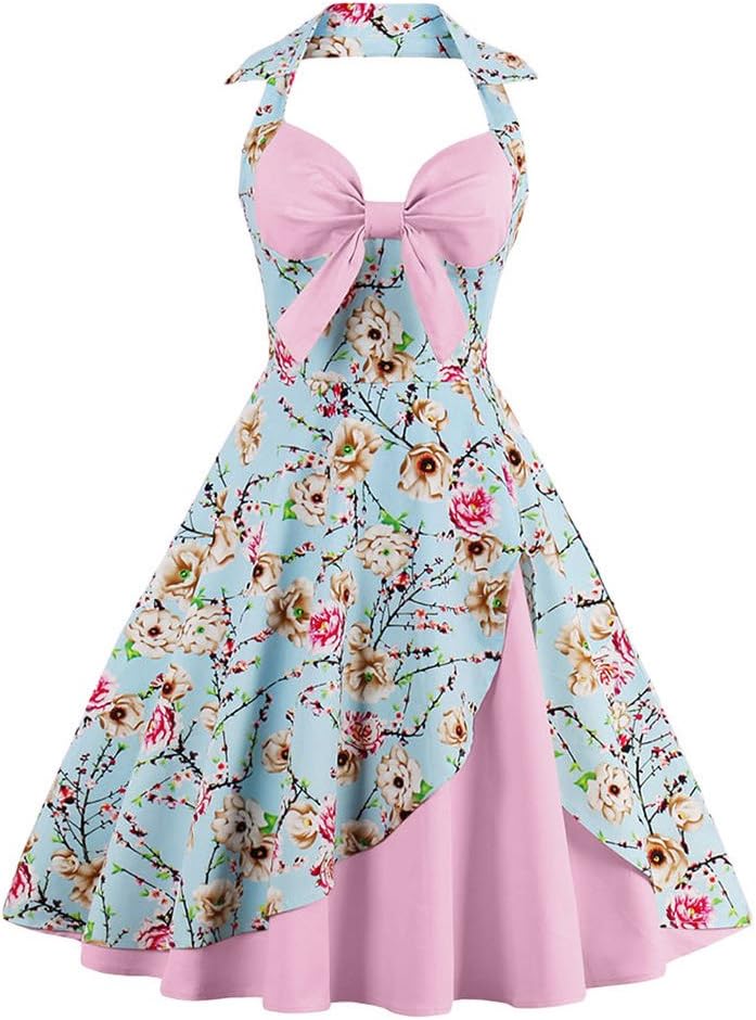 Women Vintage 1950s Rockabilly Swing Dress 50s Pinup Retro Hepburn Style A-Line Halterneck Floral Dresses