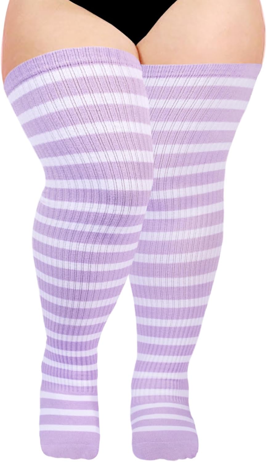 Moon Wood Plus Size Thigh High Socks for Women Knit Cotton Extra Long Striped Over the Knee High Socks Leg Warmers Main image