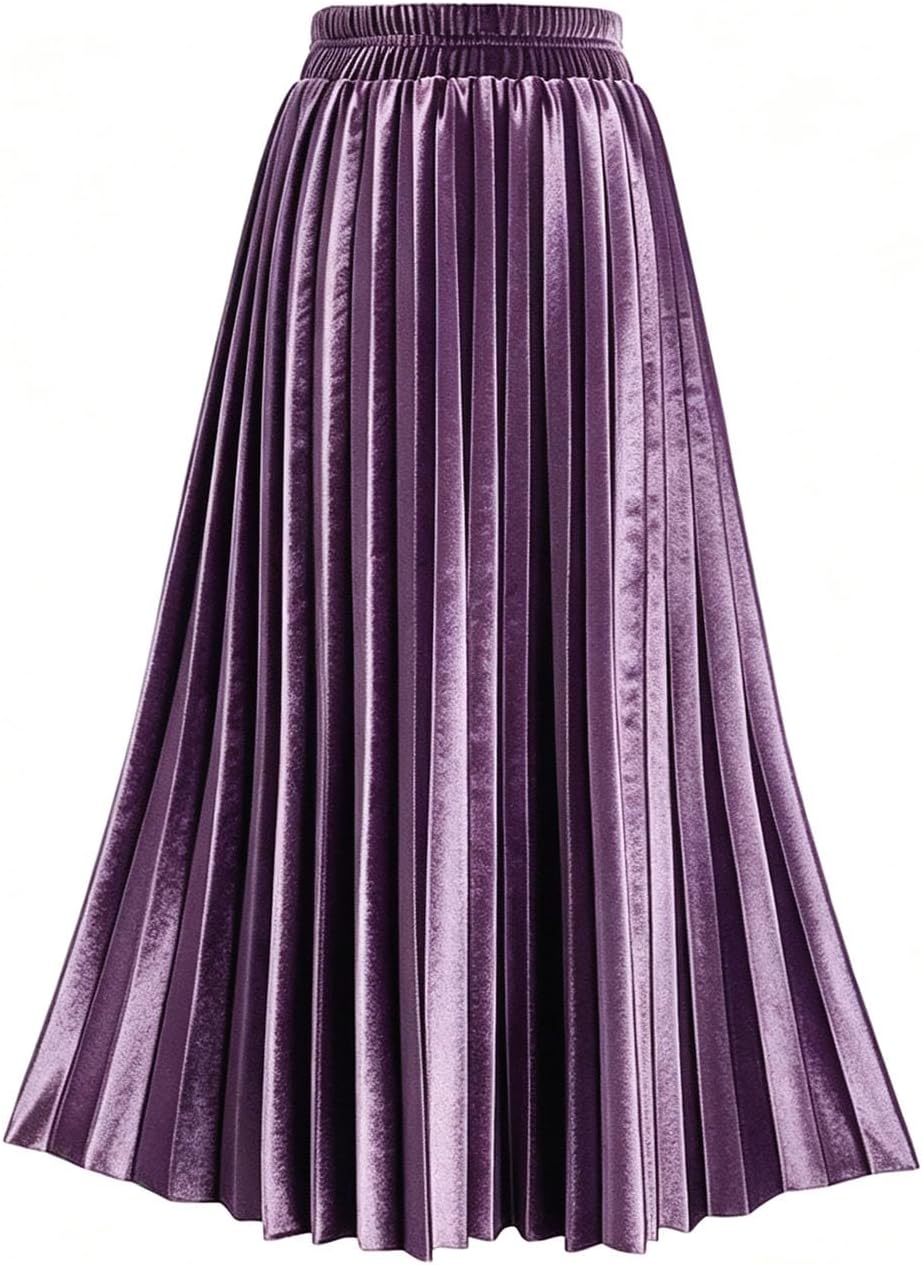 TONCHENGSD Women's Fall Winter Velvet Midi Skirt High Elastic Waist Pleated Skirt