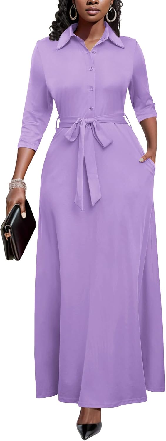 Runwind Womens Maxi Dress 3/4 Sleeve Button Down Church Dress with Pockets