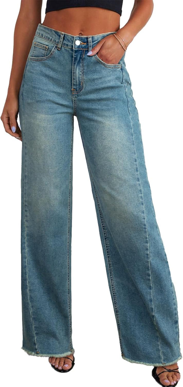 Sidefeel Women's Wide Leg Jeans High Waisted Stretchy Raw Hem