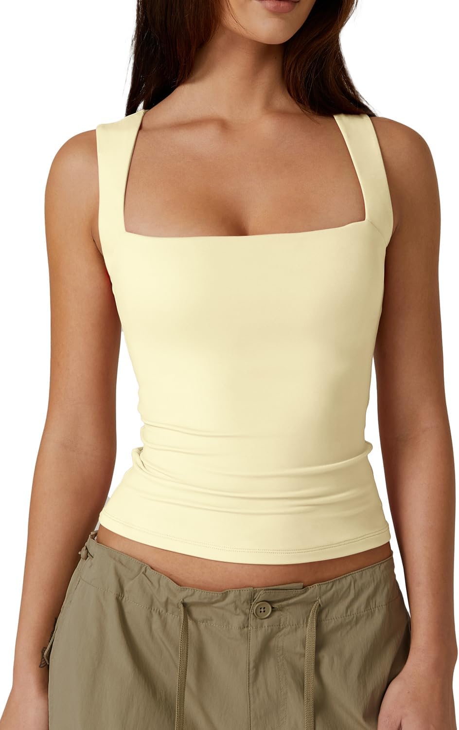 QINSEN Women's Square Neck Sleeveless Double-Layer Tank Tops Basic Tight T Shirts