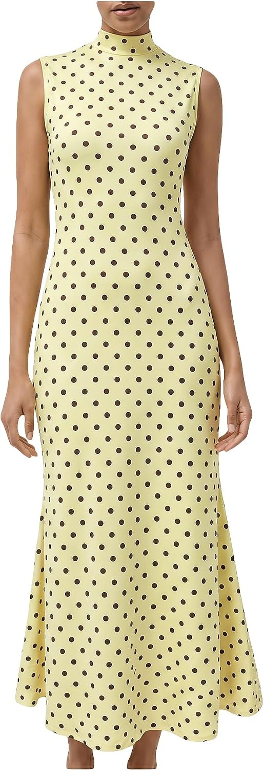 Milumia Women's Polka Dots Maxi Tank Dress Vintage Mock Neck Long Dresses