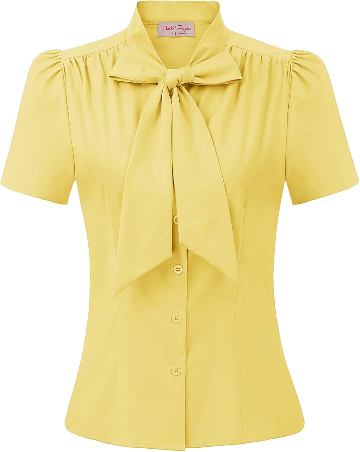 Belle Poque Women Dressy Casual Top Bow Tie Button Down Short Sleeve Blouse