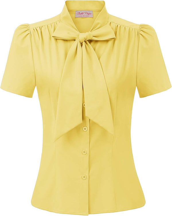 Belle Poque Women Dressy Casual Top Bow Tie Button Down Short Sleeve Blouse
