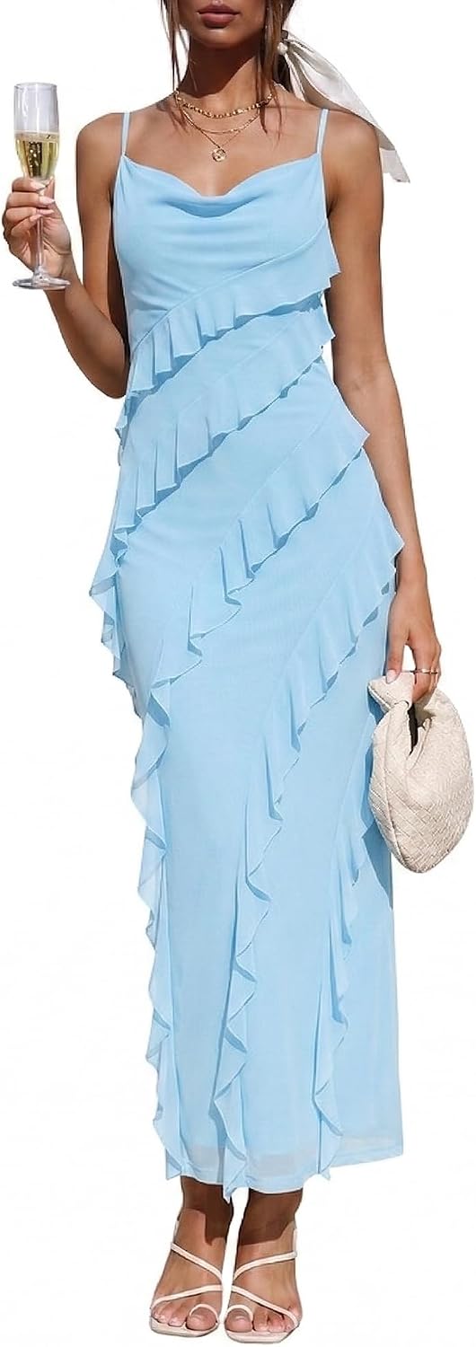 Wedding Guest Dress for Women Ruffle Spaghetti Strap Formal Dresses