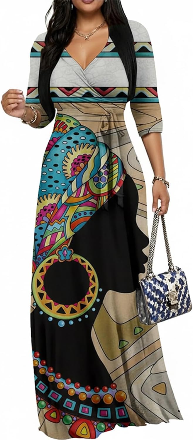 CaniBtr Maxi Dresses for Women Plus Size 3/4 Sleeve Long Dress with Belt