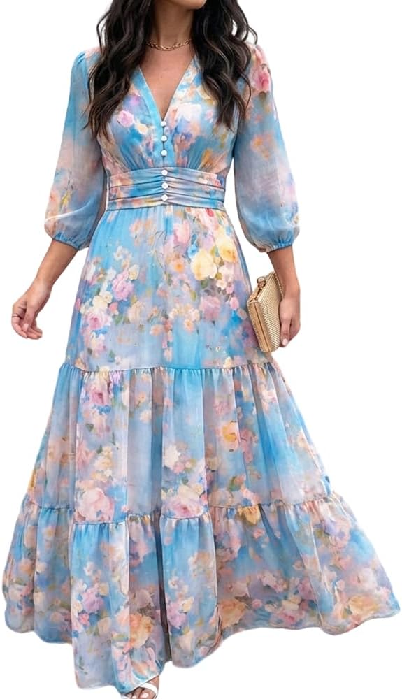 CHICME Womens Summer Boho Floral Wedding Guest Vacation Beach Maxi Dress