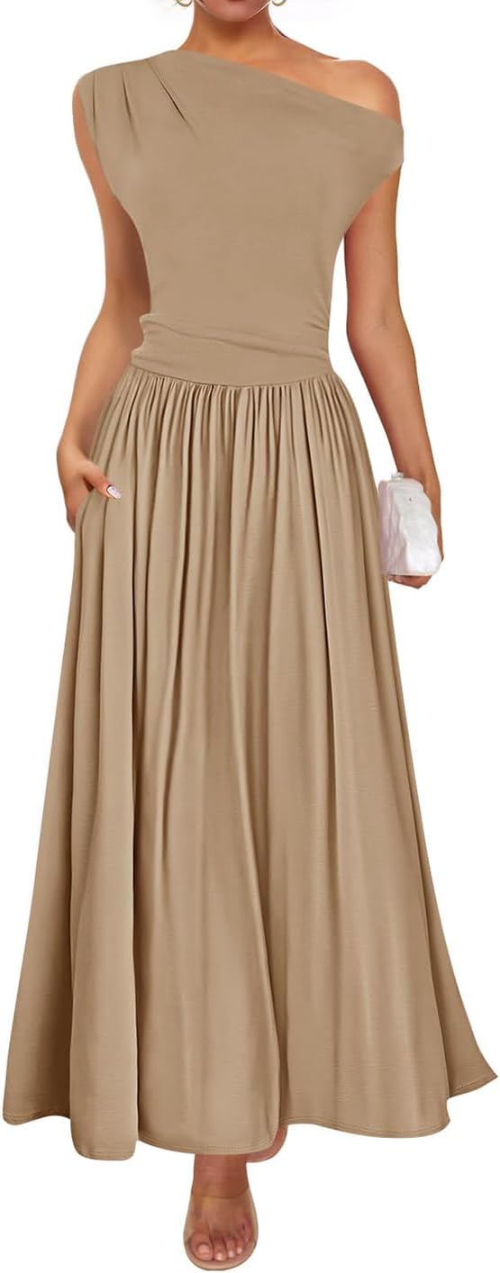 ZESICA Womens Sleeveless One Shoulder Maxi Dress with Pockets