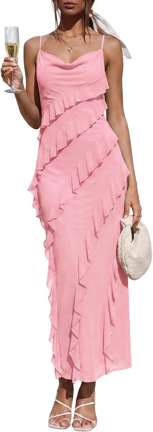 Wedding Guest Dress for Women Ruffle Spaghetti Strap Formal Dresses