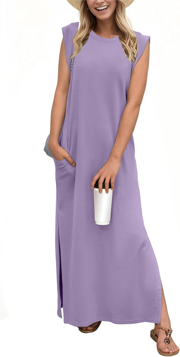 GRECERELLE 2026 Women Year-Round Casual Round Neck Loose Split Wrinkle-Free Long Maxi Vacation Dress with Pockets (XXS-4XL)