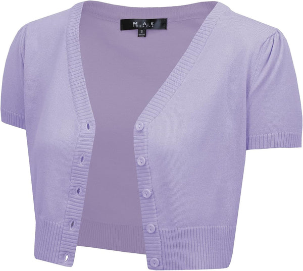 YEMAK Women's Cropped Bolero Cardigan – Short Sleeve V-Neck Basic Classic Casual Button Down Knit Soft Sweater Knitted Top