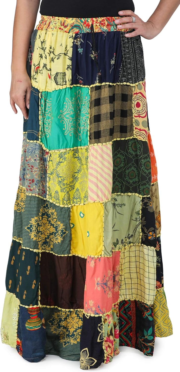 Exotic India Long Printed Dori Skirt from Gujarat with Patch Work - Rayon