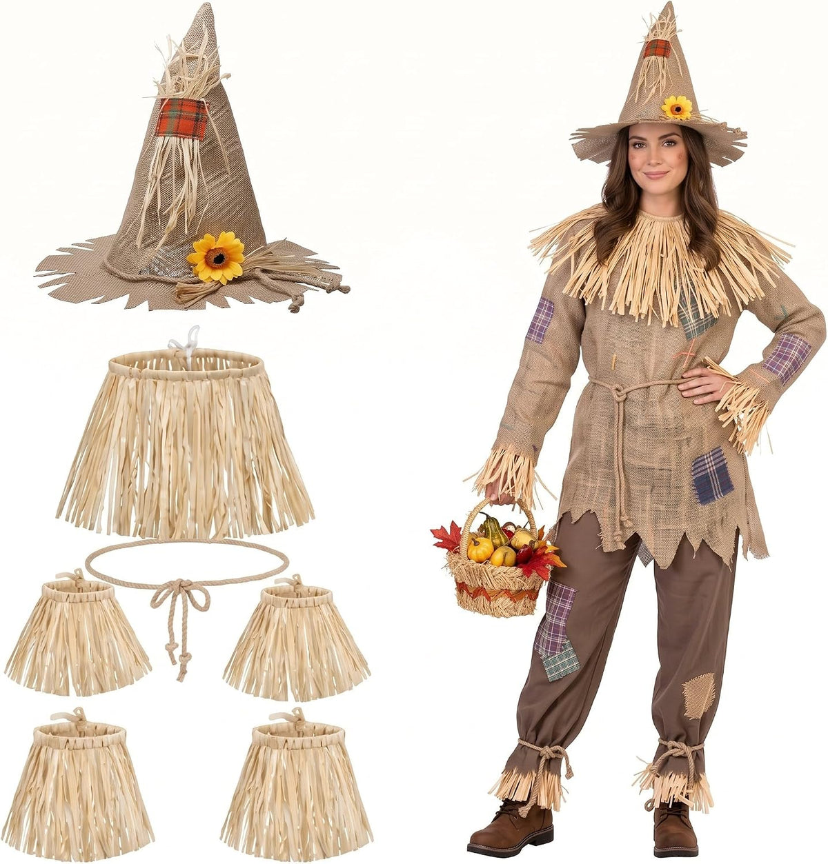 Geyoga 7 Pcs Scarecrow Costume Set Scarecrow Hat and Straw Kit