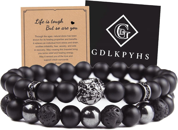 Black Obsidian Bracelet for Men - Black Tourmaline Beaded Bracelets - Mens Bracelet Set 8MM Black Onyx Hematite Lava Stone Beads Triple Protection Bracelet for Men Women Gifts