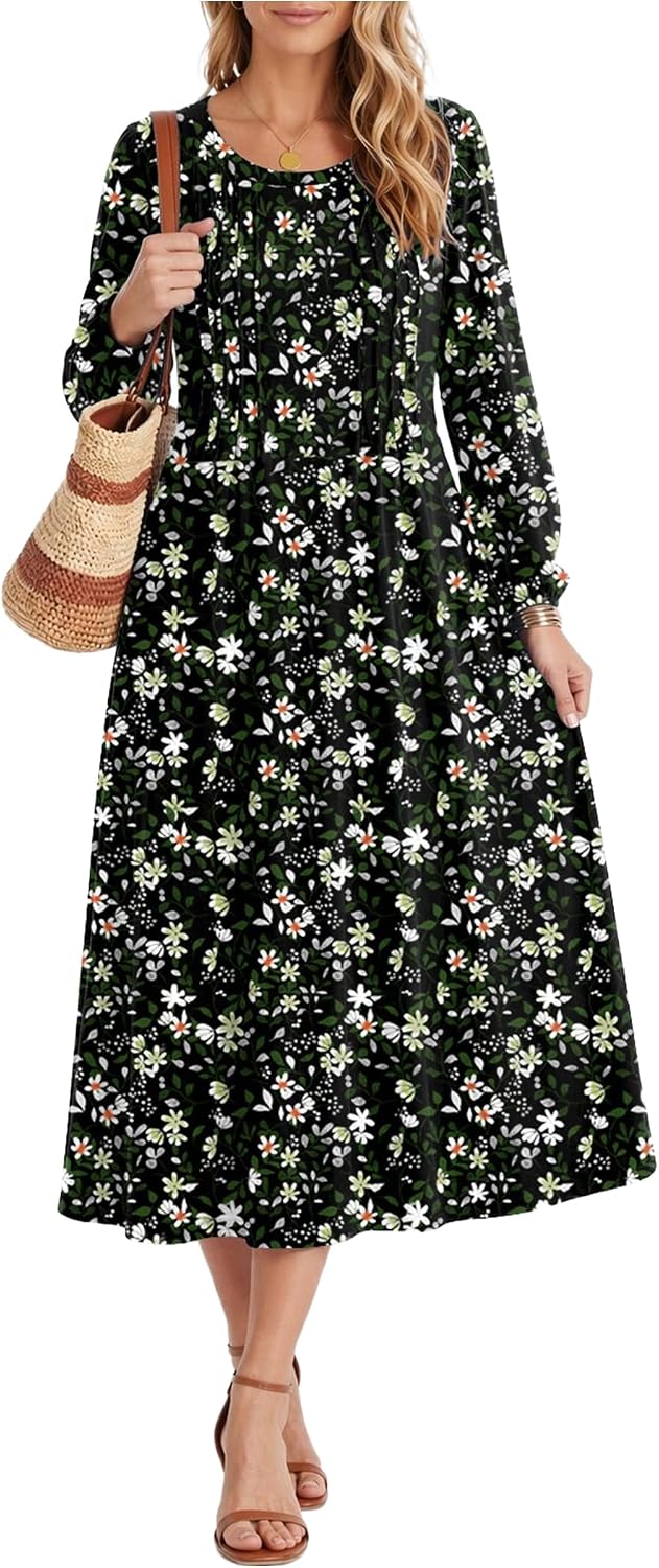 Zeagoo Fall Dresses for Women Long Sleeve Midi Dress Casual A Line Dresses 2026 Pleated Flare Dress with Pockets