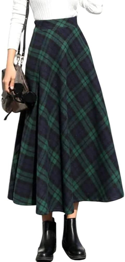 Womens Long Wool Plaid Skirt Aline High Waist Fall Winter Skirts